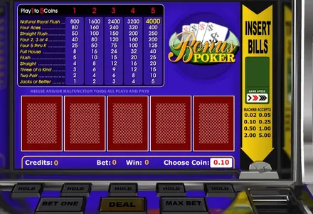 Online video poker screen